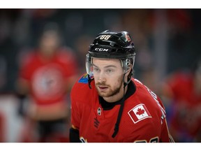 Calgary Flames Andrew Mangiapane during the pre-game skate before facing the Ottawa Senators in NHL hockey at the Scotiabank Saddledome in Calgary on Thursday, March 21, 2019. Al Charest/Postmedia