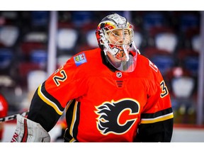Calgary Flames Jon Gillies during the pre-game skate before facing the San Jose Sharks in NHL pre-season hockey at the Scotiabank Saddledome in Calgary on Tuesday, September 25, 2018. Al Charest/Postmedia