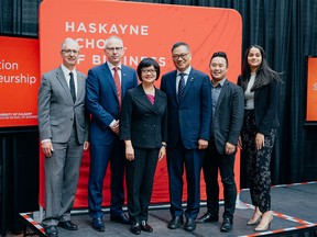 From left: Dean Jim Dewald, Haskayne School of Business; UCalgary President Ed McCauley; Trico Charitable Foundation co-founders Eleanor and Wayne Chiu; Patrick Chiu, MBA’18; and BComm student Sanya Chaudhry.