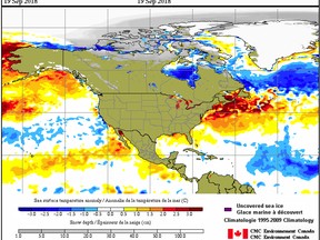 This screen shot from Environment Canada shows how a patch of warmer water, called the blob, is more than 2 C warmer than normal in some parts.