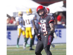Calgary Stampeders quarterback Bo Levi Mitchell celebrates a TD pass against the Edminton Eskimos in second half action in the Labour Day classic at McMahon stadium in Calgary on Monday, September 2, 2019. Darren Makowichuk/Postmedia