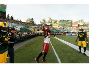 Calgary Stampeders' Wynton McManis (48) celebrates a touchdown on the Edmonton Eskimos during the first half of CFL football action at Commonwealth Stadium in Edmonton, on Saturday, Sept. 7, 2019. Photo by Ian Kucerak/Postmedia