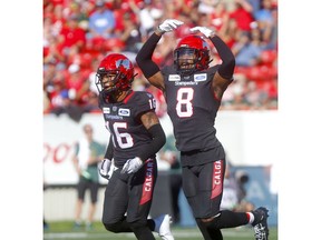 Calgary Stampeders DaShaun Amos celebrates stopping the Edmonton Eskimos in second half action in the Labour Day classic at McMahon stadium in Calgary on Monday, September 2, 2019. Darren Makowichuk/Postmedia