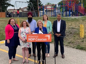 NDP leader Rachel Notley, at the podium, speaks to media on Friday, Sept. 6, 2019. Notley called upon the UCP government to announce their budget amid growing class sizes in schools. To her left is Terra Hocken, a concerned parent whose grade five student is in a classroom with 44 other students.