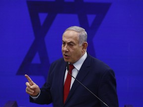 Benjamin Netanyahu, Israel's prime minister, speaks during an event in Tel Aviv, Israel, on Tuesday, Sept. 10, 2019. Netanyahu said he will annex war-won West Bank territory if he's re-elected, starting with the Jordan Valley. Photographer: Kobi Wolf/Bloomberg ORG XMIT: 775404218