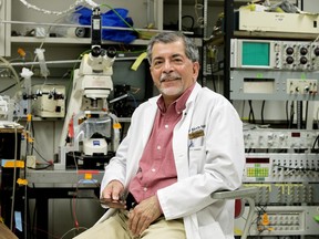 University of Alberta neurologist Jack Jhamandas poses for a photo in his laboratory, in Edmonton Tuesday Sept. 17, 2019. Jhamandas has published a new study that has found that mice injected with two specific strings of amino acids have significantly improved memory. He hopes it is another piece of the puzzle for developing a new, effective Alzheimer's treatment. Photo by David Bloom