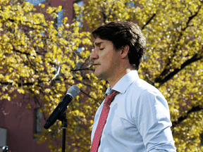 Prime Minister Justin Trudeau speaks regarding photos and video that have surfaced of him wearing blackface, during an campaign stop in Winnipeg, Manitoba, Sept. 19, 2019.