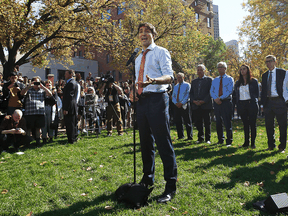 Prime Minister Justin Trudeau speaks regarding photos and video that have surfaced of him wearing blackface, during an campaign stop in Winnipeg, Manitoba, Sept. 19, 2019.