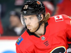 Calgary Flames Elias Lindholm during the pre-game skate before facing the Vegas Golden Knights in NHL hockey at the Scotiabank Saddledome in Calgary on Sunday, March 10, 2019. Al Charest/Postmedia