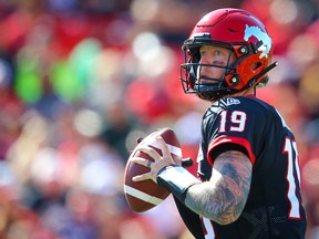 Calgary Stampeders quarterback Bo Levi Mitchell in action against the Edmonton Eskimos on Sept. 2, 2019.