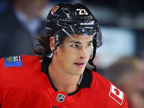 Calgary Flames Sean Monahan during warm-up before facing the Vancouver Canucks during pre-season NHL hockey in Calgary on Monday September 16, 2019. Al Charest / Postmedia