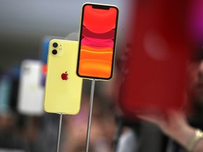 he new Apple iPhone 11 is displayed during a special event on September 10, 2019 in the Steve Jobs Theater on Apple's Cupertino, California campus.