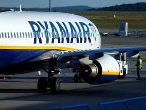 FILE PHOTO: A Ryanair aircraft stands on the tarmac at Frankfurt-Hahn Airport Germany, September 12, 2018.  REUTERS/Ralph Orlowski/File Photo ORG XMIT: FW1