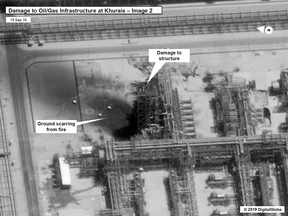 A U.S. satellite image released Sept. 15, 2019, shows damage to Saudi Aramco oil and gas infrastructure at Khurais, in Saudi Arabia.