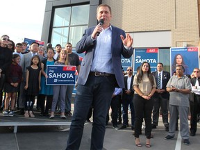 Conservative Party Leader Andrew Scheer speaks to supporters during a campaign stop in northeast Calgary on Monday, Sept. 16, 2019.