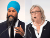 Composite photo of NDP Leader Jagmeet Singh and Green Party Leader Elizabeth May during the first leaders’ debate of the campaign, on Sept. 12, 2019.
