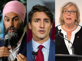 NDP Leader Jagmeet Singh (left), Liberal Leader Justin Trudeau and Green Leader Elizabeth May. A minority Liberal government could be the worst-case scenario for getting a new pipeline in Canada, writes columnist Don Braid.