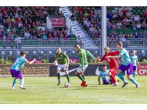 Cavalry vs Pacific FC CPL  - Spruce Meadows, Calgary, Alberta, Canada - Sep 22, 2019.    Cavalrys Escalante lines up the first goal of the match.   Tony Lewis/CPL