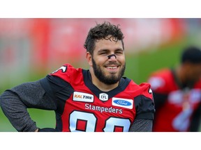 Calgary Stampeders Colton Hunchak during warm-up before facing the Hamilton Tiger-Cats in CFL football in Calgary on Saturday, September 14, 2019. Al Charest/Postmedia