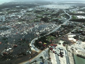 An aerial view shows devastation after hurricane Dorian hit the Abaco Islands in the Bahamas, September 3, 2019, in this image obtained via social media. Michelle Cove/Trans Island Airways/via REUTERS