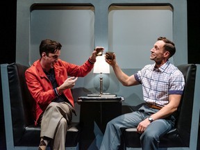 Nathan Kay and Stafford Perry in Vertigo Theatre's Strangers on a Train. Photo by Citrus Photography