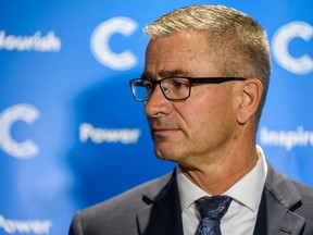 Travis Toews, President of Treasury Board and Minister of Finance, talks with the media after a Conversation with Calgary Chamber on Wednesday, September 4, 2019. Azin Ghaffari/Postmedia Calgary