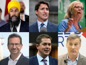 Federal party leaders, clockwise from top left: Jagmeet Singh (NDP), Justin Trudeau (Liberal), Elizabeth May (Green), Maxime Bernier (People's Party), Andrew Scheer (Conservative) and Yves-François Blanchet (BQ).