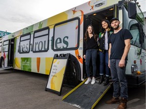 Fresh Routes co-founders Anna Johnson, left, Lourdes Juan and Rob Ironside pose for a photo with the mobile grocery store on Monday, October 7, 2019. Fresh Routes, Calgary's first mobile grocery store, aims to bring healthy food to neighbourhoods which have less access to fresh food.