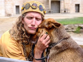 Richard Kelly Kemick in character as Herod, and his dog, Maisy, during rehearsals of The Canadian Badlands Passion Play. His memoir, I Am Herod chronicles his experiences.