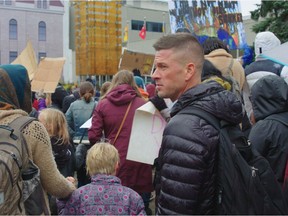 Matt Embry, writer-director of Global Warning, at a protest march in Calgary. Courtesy, Matt Embry.
