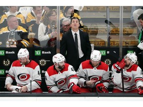 BOSTON, MASSACHUSETTS - MAY 12: Head coach Rod Brind'Amour of the Carolina Hurricanes reacts during Game Two of the Eastern Conference Final against the Boston Bruins during the 2019 NHL Stanley Cup Playoffs at TD Garden on May 12, 2019 in Boston, Massachusetts.