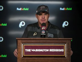 LANDOVER, MD - OCTOBER 06: Head coach Jay Gruden of the Washington Redskins responds to questions during a press conference after the game against the New England Patriots at FedExField on October 6, 2019 in Landover, Maryland.