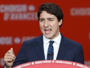 Liberal Leader Justin Trudeau delivers his victory speech at his election night headquarters on Oct. 21, 2019, in Montreal.