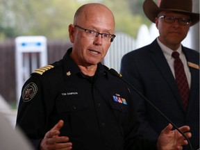 Calgary Emergency Management Agency Chief Tom Sampson speaks to the media in this July 2018 file photo.