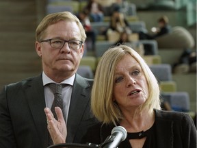 NDP advanced education critic David Eggen, left, and Opposition Leader Rachel Notley say they're concerned about the effects if the government removes a tuition freeze that's been in place since 2015.