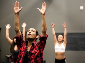 Zach Running Coyote and dancer/singers Ayla Modeste, right, and Elizabeth Ferguson-Breaker rehearse 509, the latest production from Making Treaty 7.