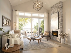 The living room in a show home at Arrive at Crestmont West, by Partners Development Group.