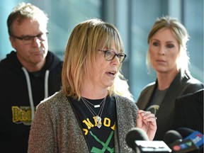 Shauna Nordstrom, mother of Logan Hunter who died in the Humboldt bus tragedy, speaks at a news conference on Wednesday, Oct. 16, 2019, where Opposition Leader Rachel Notley joined several families who lost loved ones in the 2018 Humboldt bus tragedy, to call on the UCP government to cancel plans to exempt truck and bus drivers from critical new safety standards.