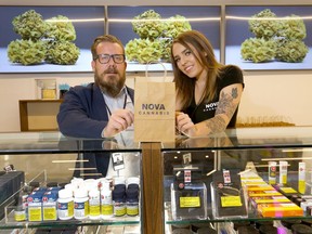L-R, Grant Sanderson and Cori Loiselle of NOVA Cannabis are still going strong a year after their store opened in Calgary on Wednesday, October 16, 2019. Darren Makowichuk/Postmedia