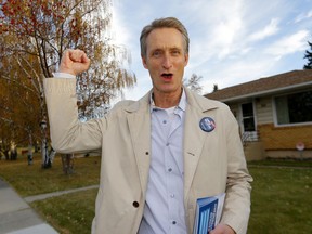 Conservative candidate Greg McLean was still door-knocking a few hours before the polls closed in Calgary Centre on Monday, Oct. 21, 2019.
