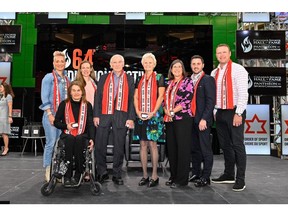 The Class of 2019 Inductees (L-R): Waneek Horn-Miller (Athlete, Water Polo), Colette Bourgonje (Athlete, Para Nordic Skiing and Wheelchair Racing), Jayna Hefford (Athlete, Ice Hockey), Doug Mitchell (Builder, Multisport), Guylaine Bernier (Builder, Rowing), ), Vicki Keith (Athlete, Swimming), Alexandre Bilodeau (Athlete, Freestyle Skiing, and Martin Brodeur (Athlete, Ice Hockey)