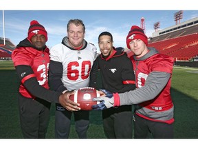 Calgary Stampeder award nominees (L-R) Tre Roberson, Shane Bergman, Reggie Begelton and Nate Holley pose at practice in Calgary on Wednesday, October 30, 2019. Jim Wells/Postmedia