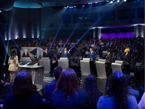 (From L) Green Party leader Elizabeth May, Liberal leader Justin Trudeau, Conservative leader Andrew Scheer, People's Party of Canada leader Maxime Bernier, Bloc Quebecois leader Yves-Francois Blanchet and NDP leader Jagmeet Singh participate in the Federal Leaders Debate at the Canadian Museum of History in Gatineau, Quebec on October 7, 2019. (Photo by Sean Kilpatrick / POOL / AFP)