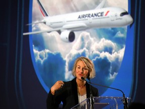 Chief Executive Officer Air France Anne Rigail speaks during the ceremony for the delivery of the company's first Airbus A350, on September 27, 2019 at the Airbus delivery center in Colomiers, southwestern France.