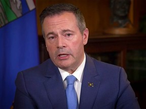 Alberta Premier Jason Kenney during his televised address to Albertans before the release of the provincial budget.