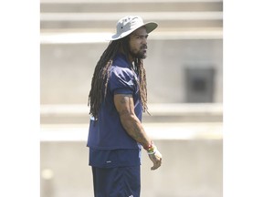 Toronto Argonauts Marcus Ball LB (6) keeping the sun off  during practice at Lamport Stadium in Toronto, Ont. on Monday July 9, 2018. Jack Boland/Toronto Sun/Postmedia Network