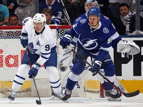 Mikhail Sergachev of the Tampa Bay Lightning skates against John Tavares of the Toronto Maple Leafs at Scotiabank Arena on March 11, 2019 in Toronto. (Claus Andersen/Getty Images)