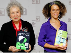 British author Bernardine Evaristo poses with her book 'Girl, Woman, Other' on the right and Canadian author Margaret Atwood poses with her book 'The Testament' on the left.