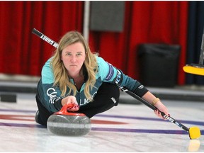 Chelsea Carey of Team Carey throws a rock during the Autumn Gold Curling Classic at the Calgary Curling Club. Saturday, October 12, 2019. Brendan Miller/Postmedia