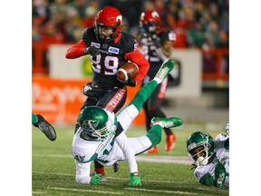 Calgary Stampeders Colton Hunchak runs the ball against Saskatchewan Roughriders during CFL football in Calgary on Friday, October 11, 2019. Al Charest/Postmedia